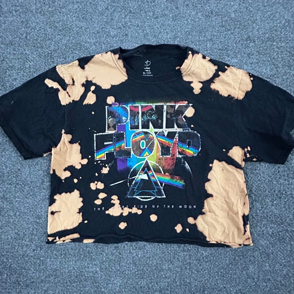 Pink Floyd Graphic Tee Womens Size S Black Bleach Splatter Distressed Crop Shirt